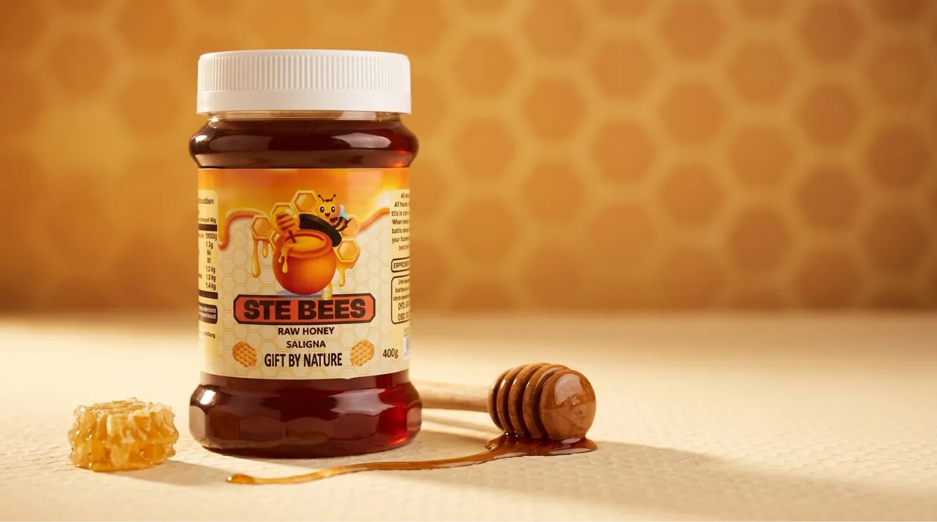 Jar of Ste Bees raw Saligna honey with a wooden dipper and honeycomb