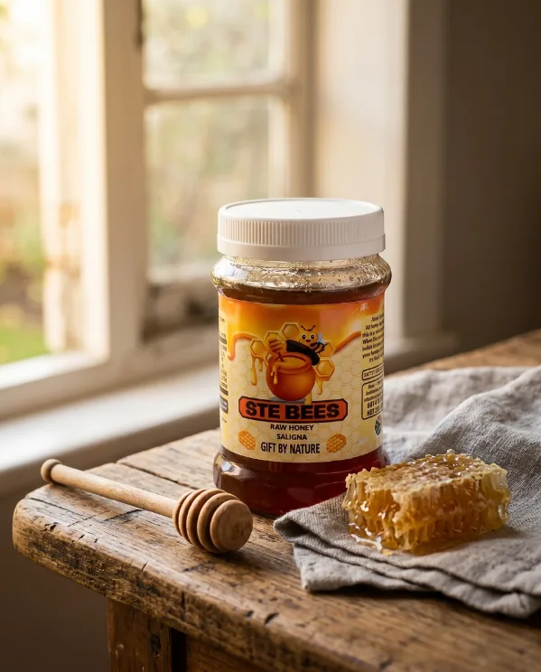 Ste Bees honey jar on a kitchen table in morning light